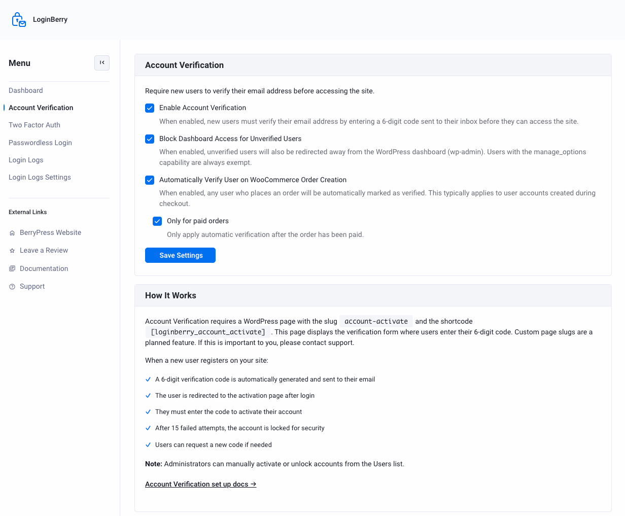 Account Verification settings screen