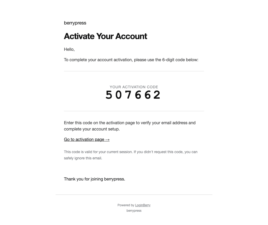 Default activation email with the 6-digit code