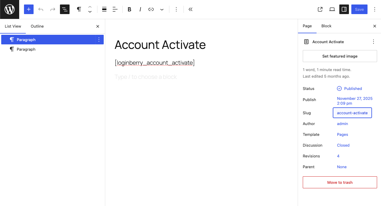 Account Activate page in the WordPress block editor with the shortcode and slug set