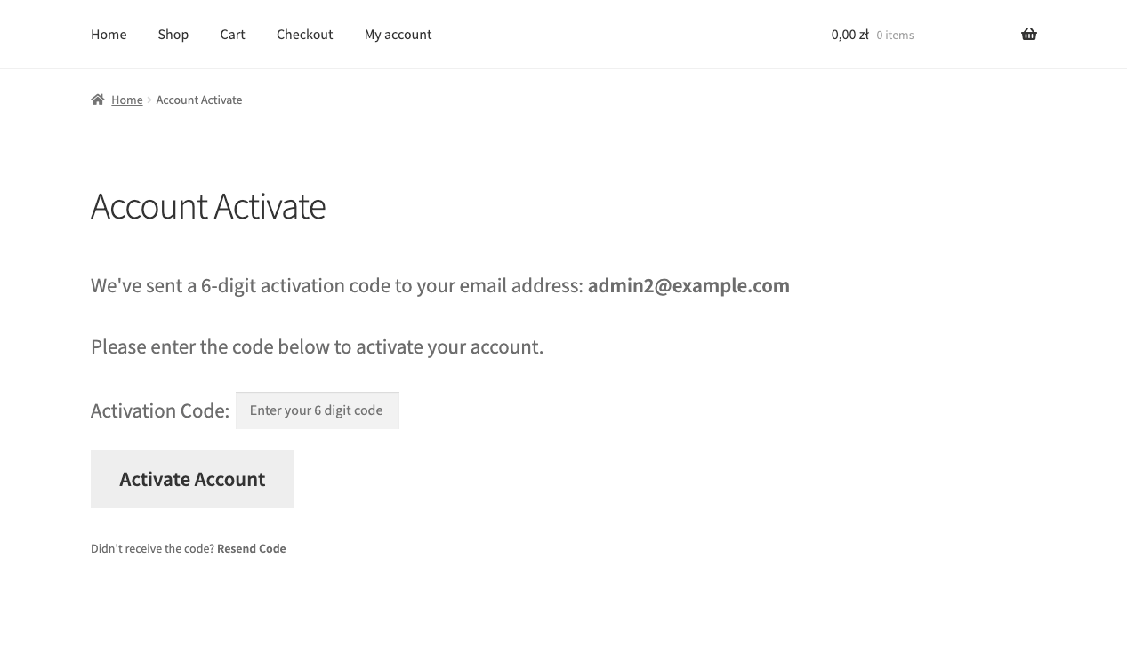 Account Activate page on the frontend showing the activation code field