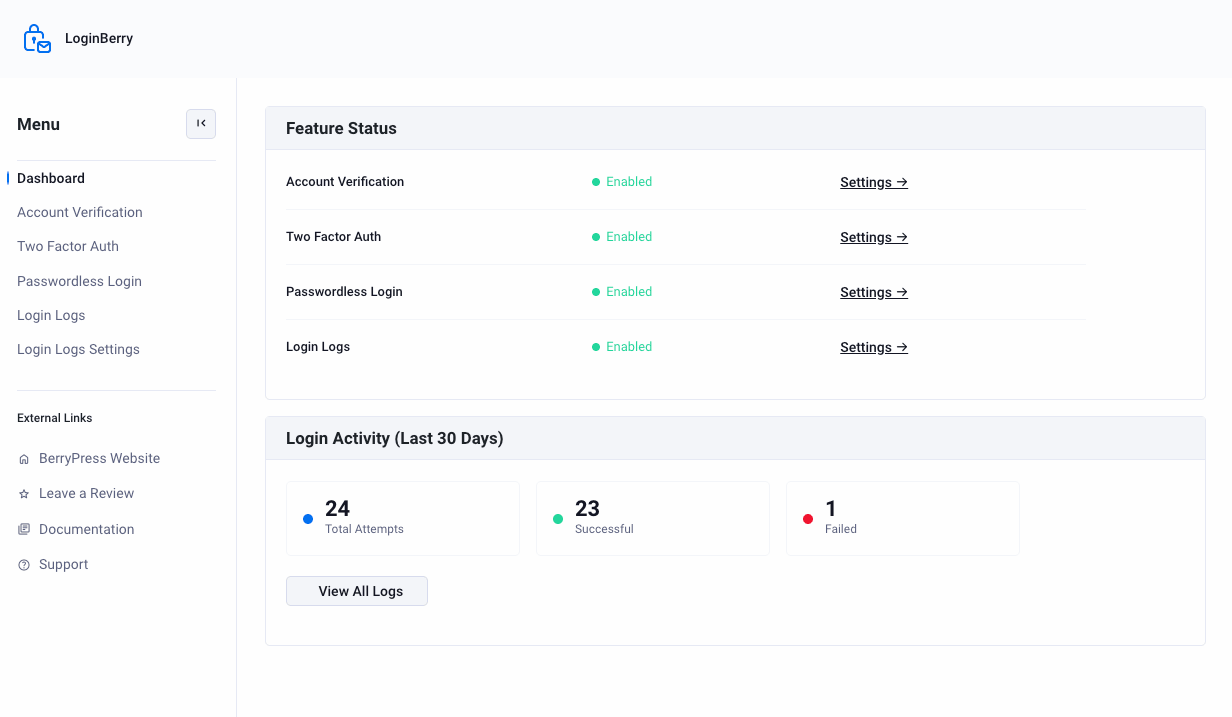 LoginBerry dashboard showing feature status and login activity