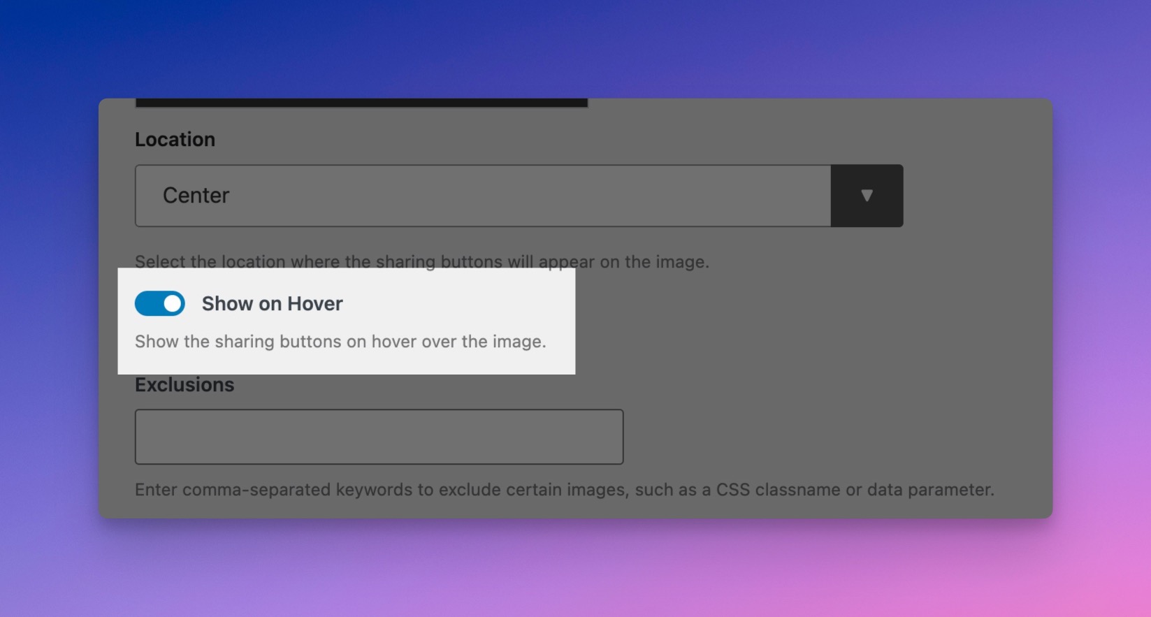Show on Hover Option for Image Sharing