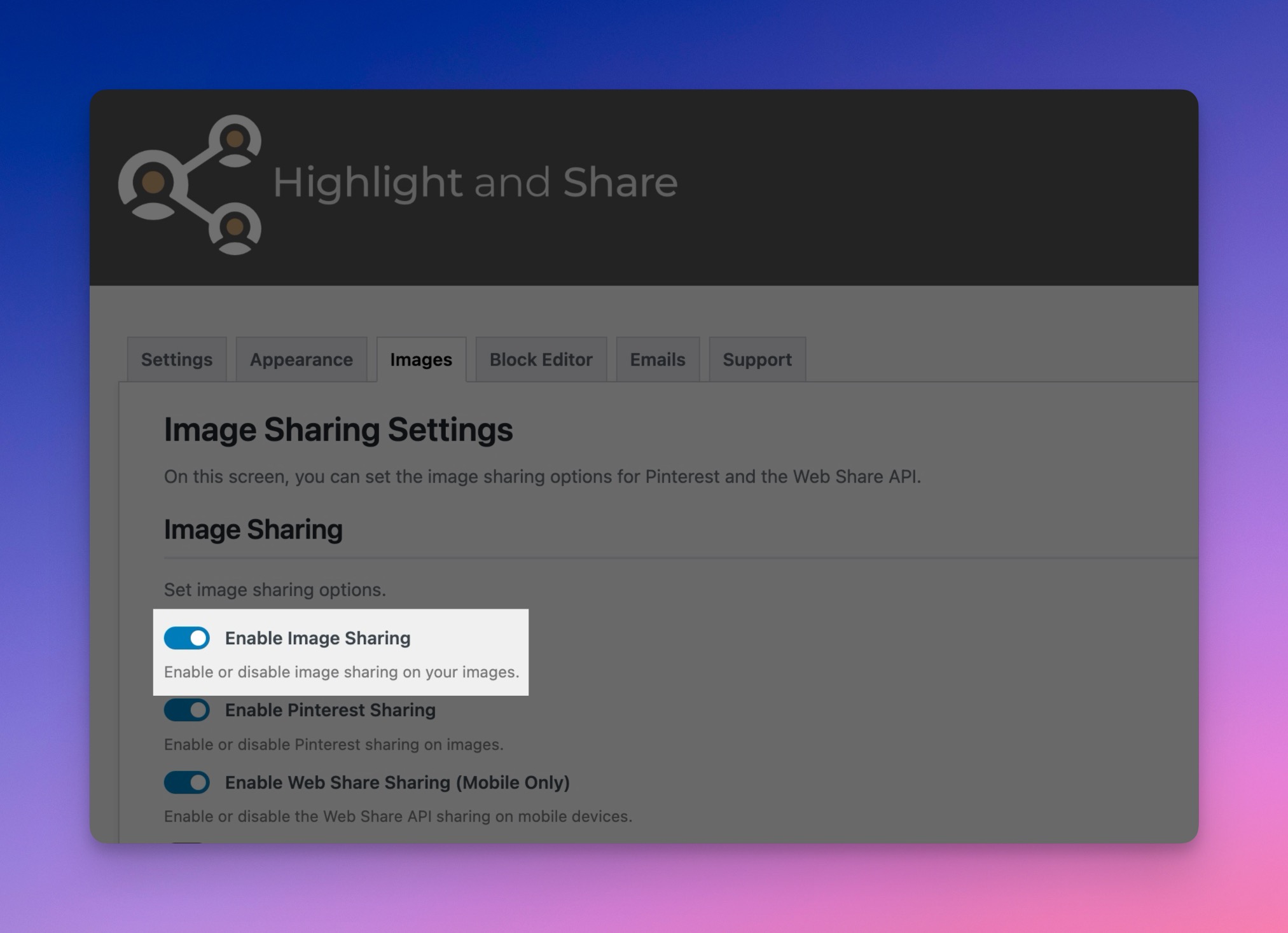 Enable Image Sharing Option
