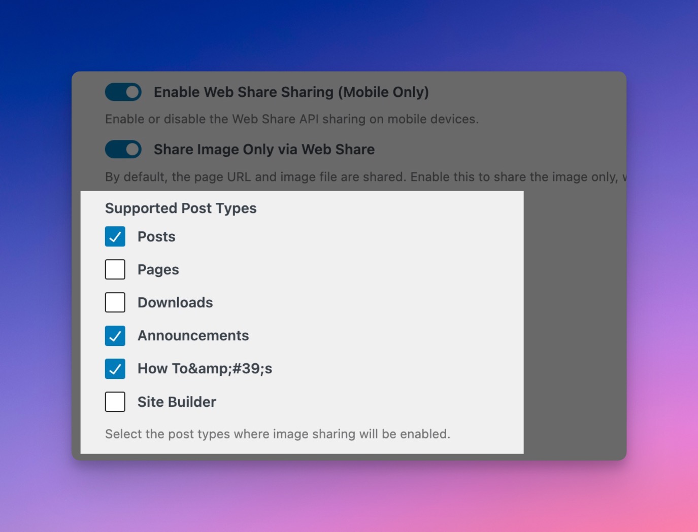 Post Type Options for Image Sharing Display