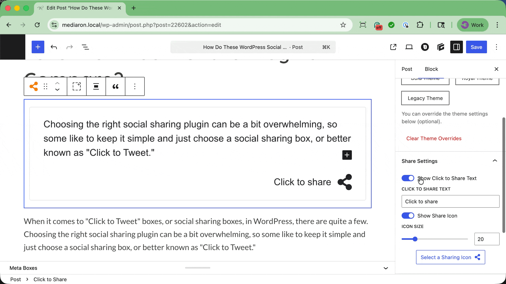 Adjusting Click to Share Block Settings