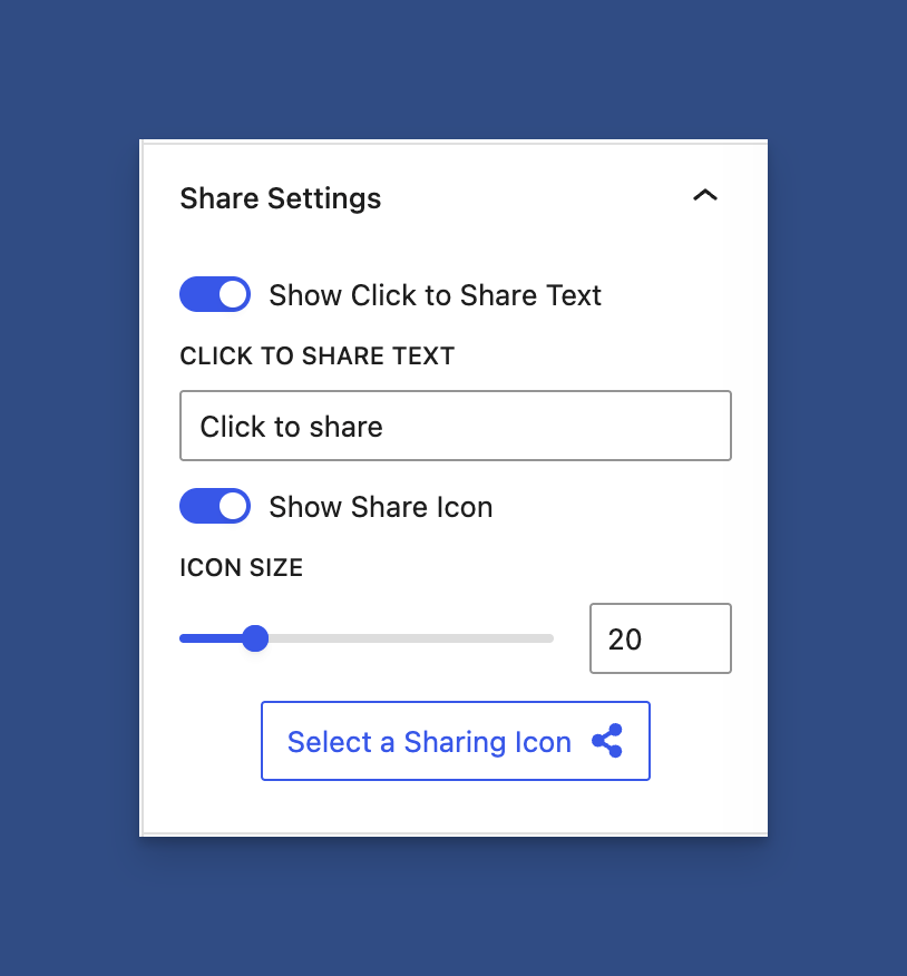 The Share Settings for the Click to Share Block
