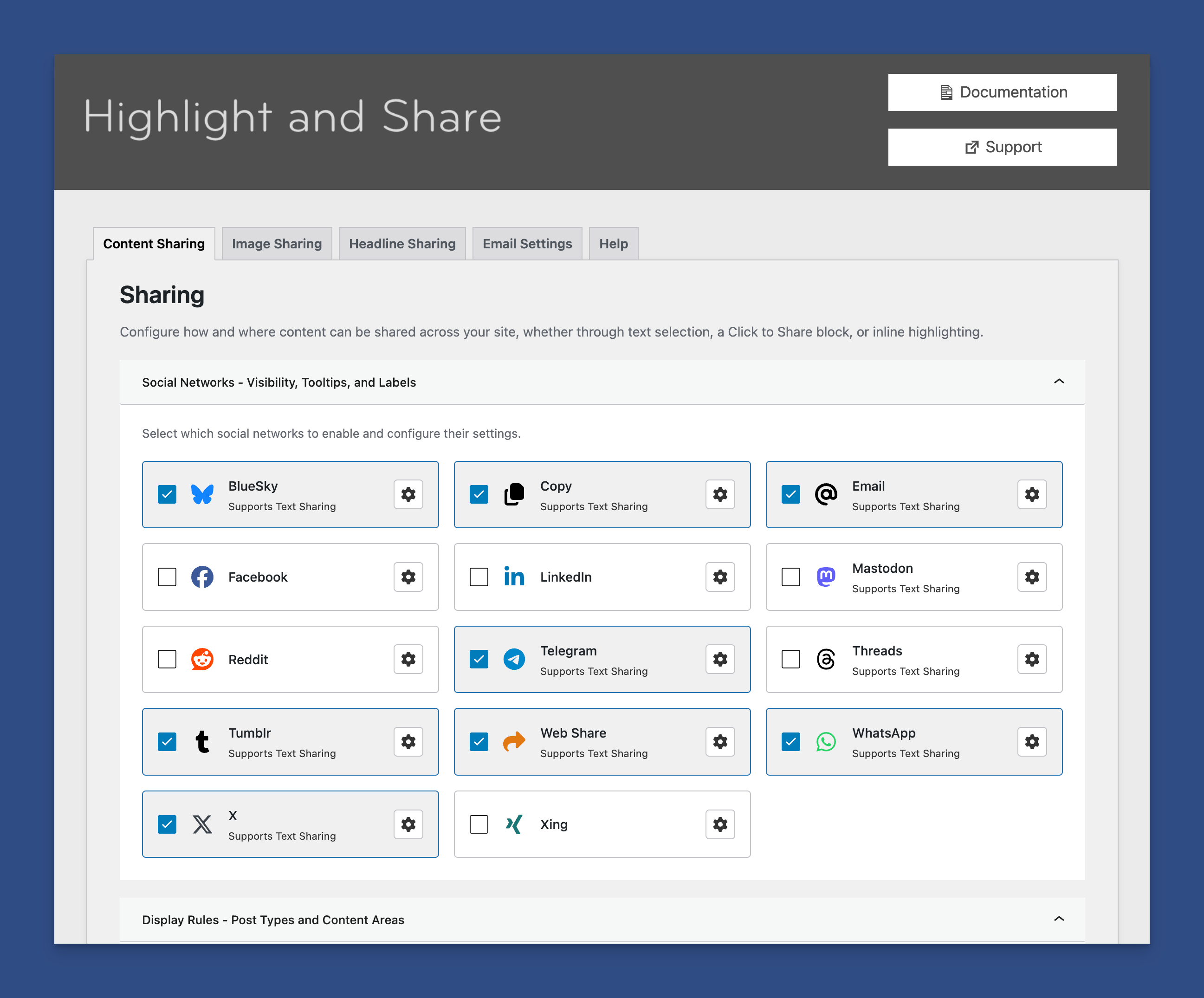 Highlight and Share Admin Settings