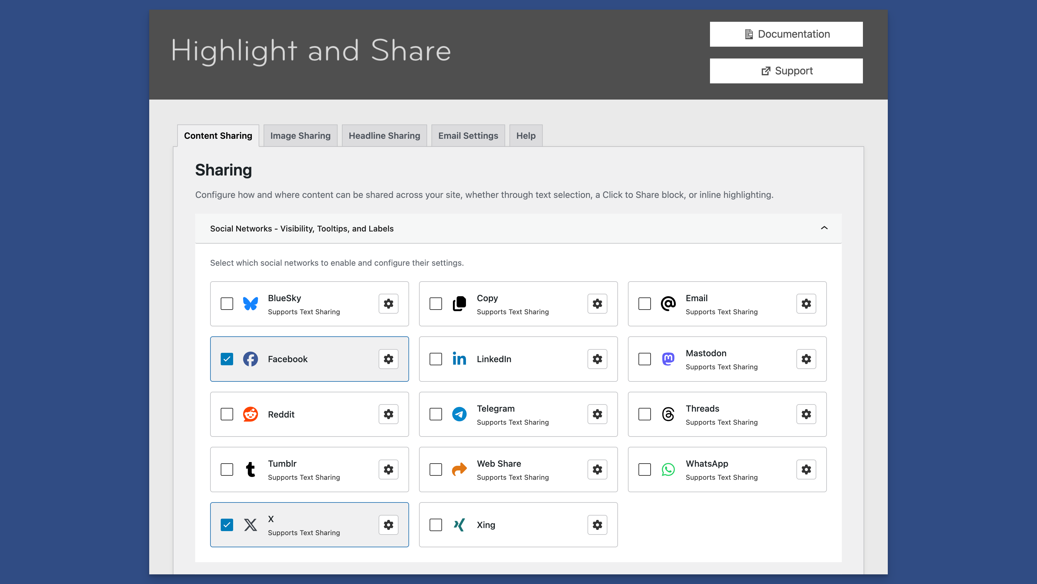 The Content Sharing Tab in Highlight and Share Settings