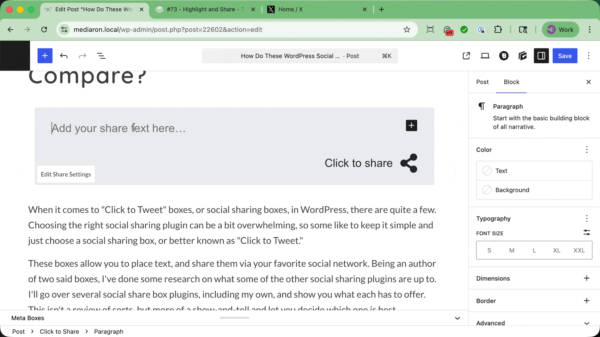 Add In Your Click to Share Text and Go Back to Block Settings