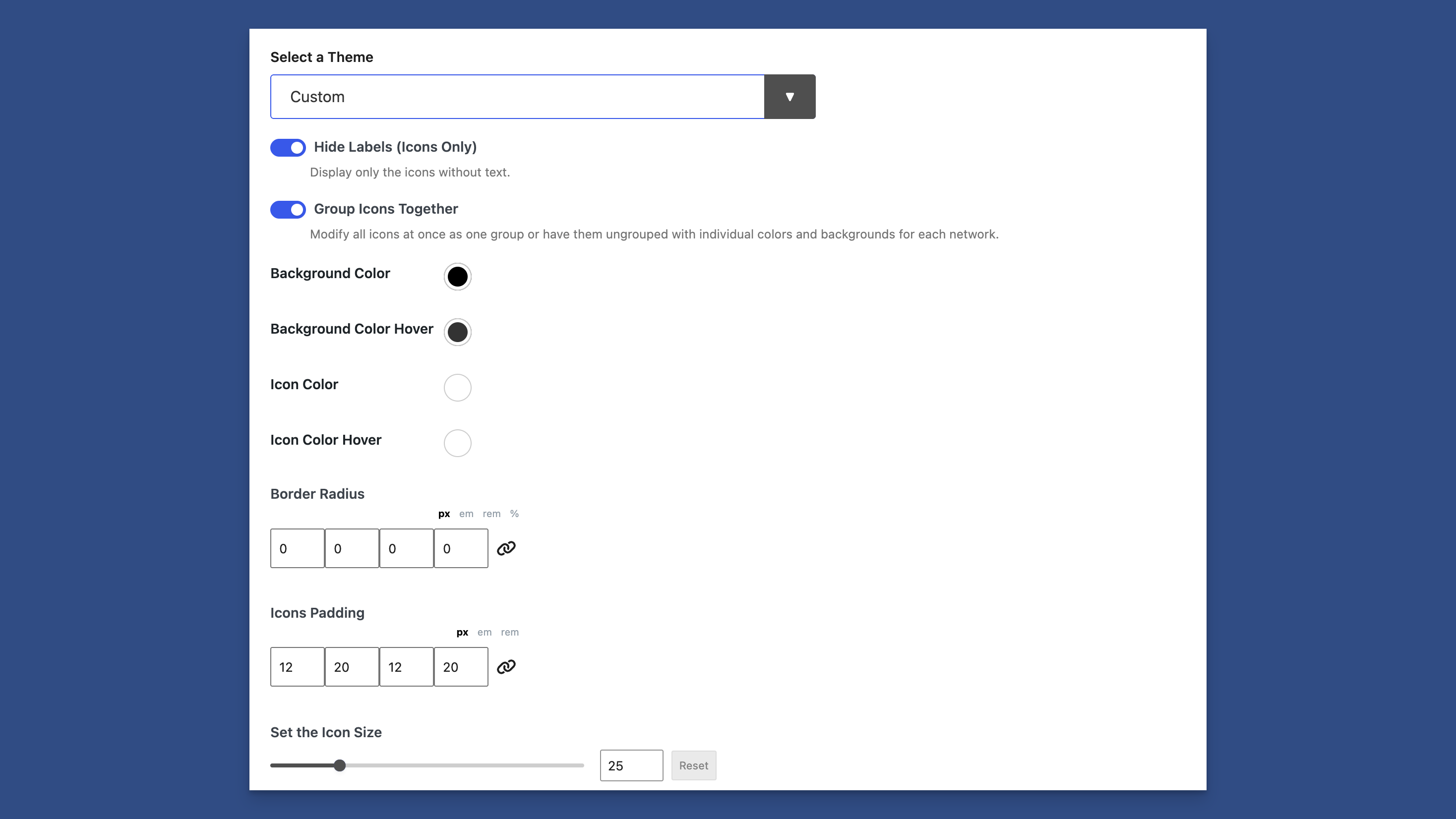 Choosing a Custom Theme Presents Several Configuration Options