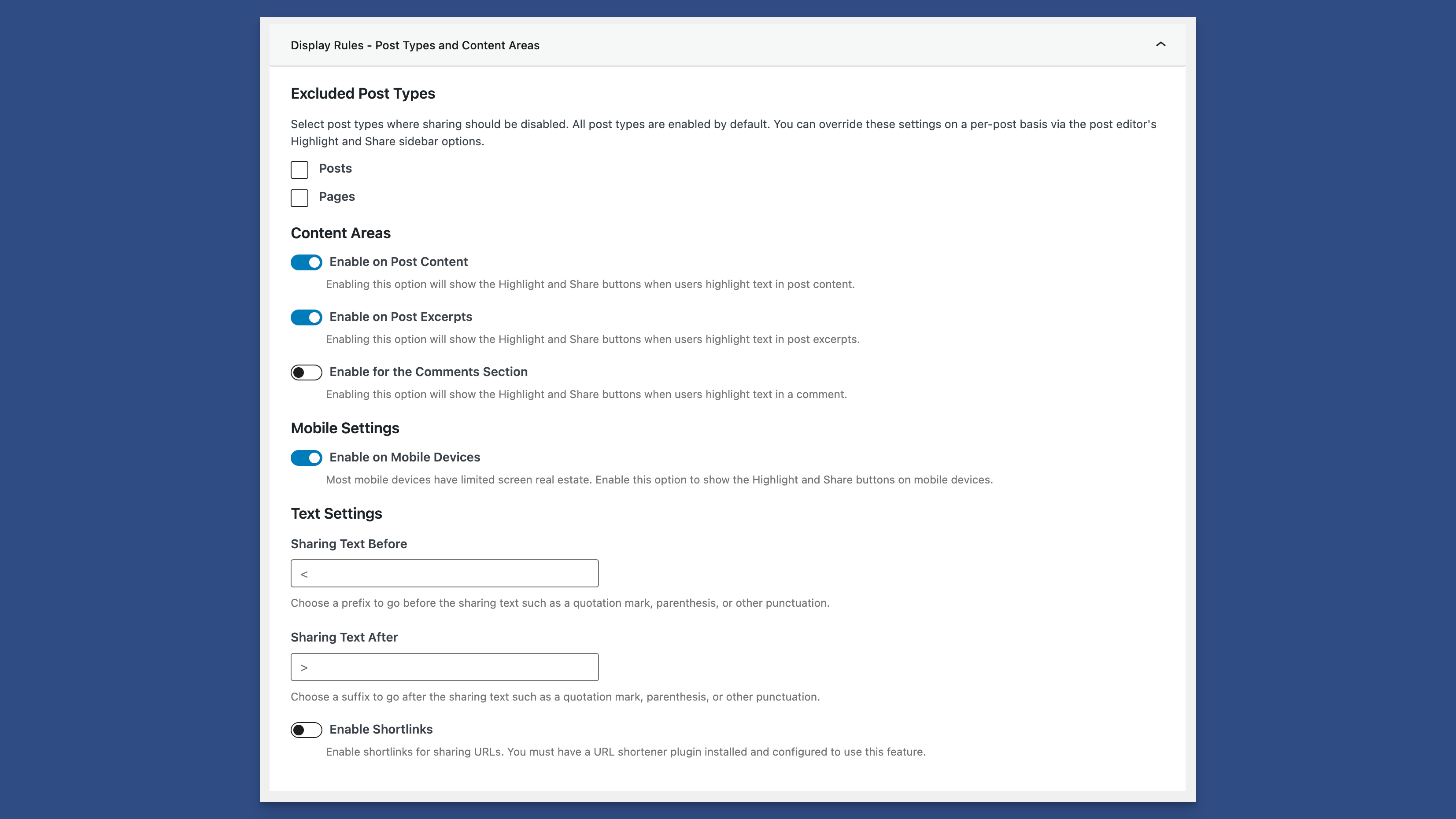 Display Rules Panel in the Content Sharing Tab