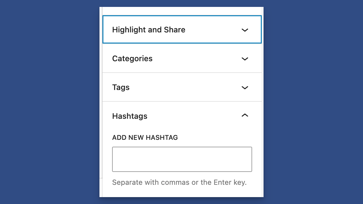 Hashtags in the Post's Sidebar Settings