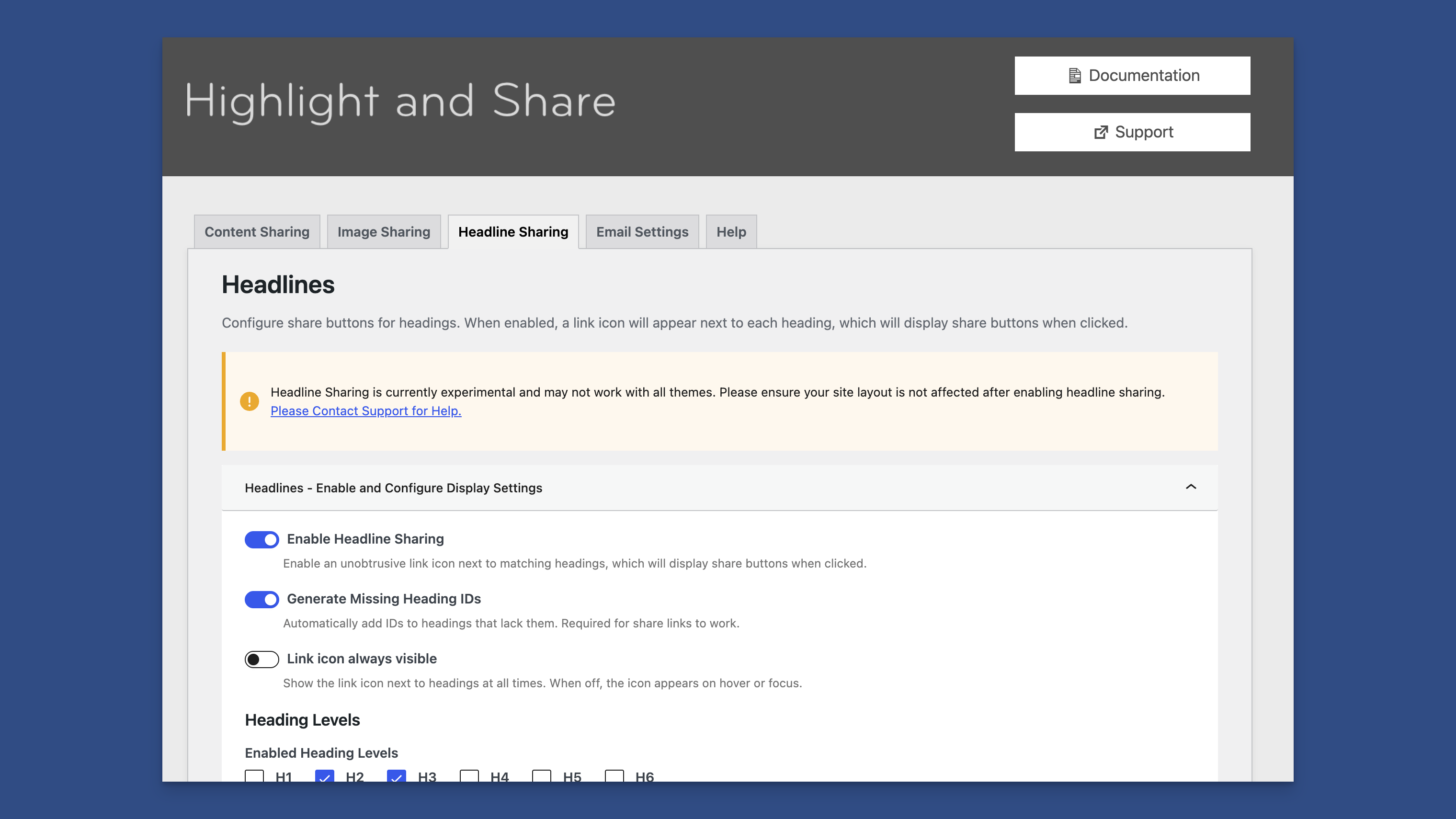 Headline Sharing Admin Options