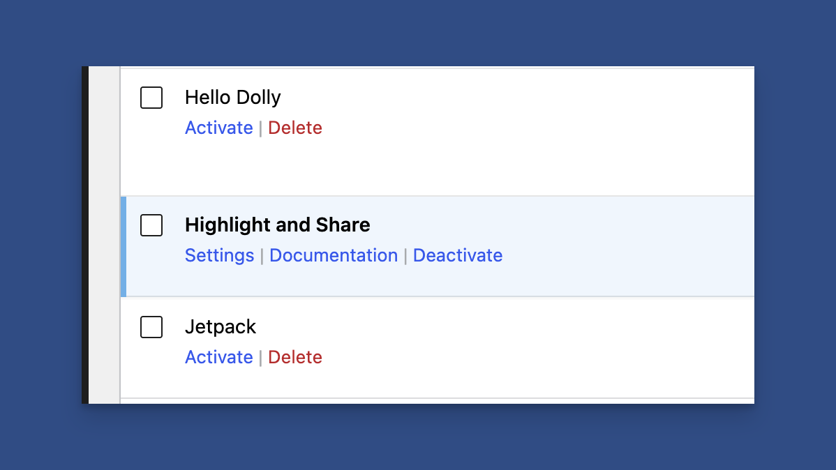 Highlight and Share Settings on the Plugins Screen