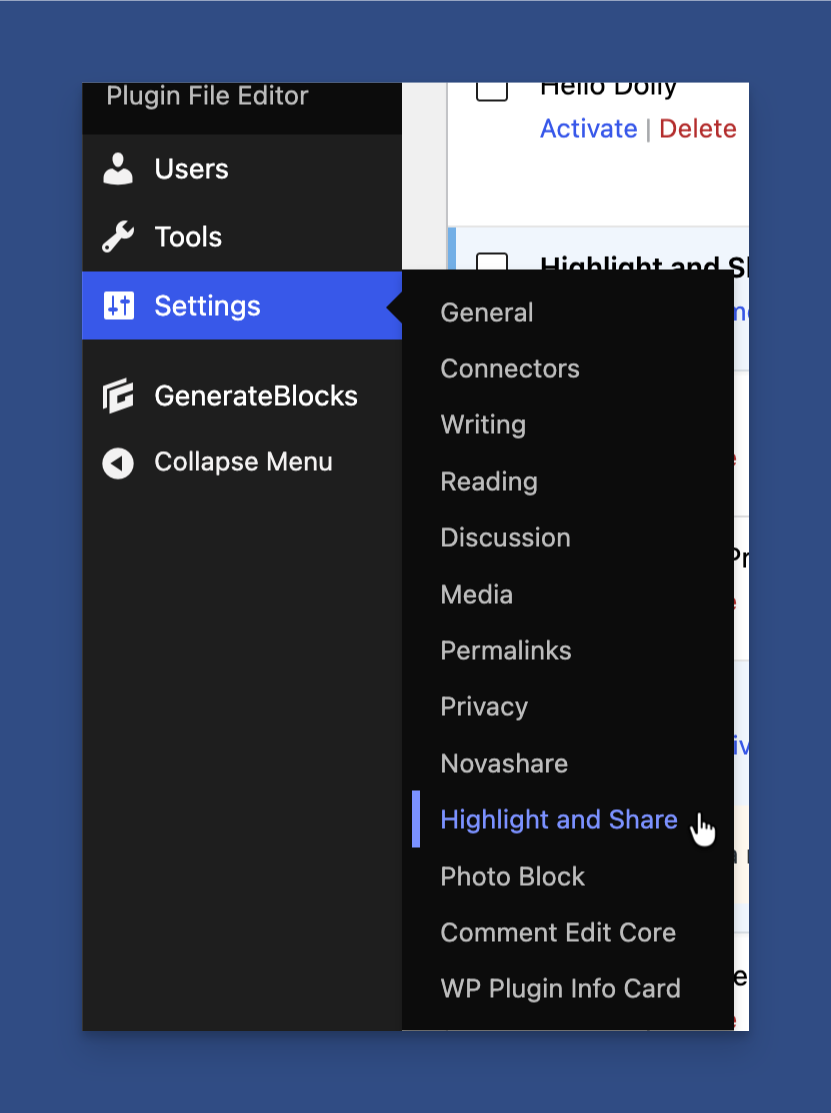 Find Highlight and Share from the Settings Menu Item