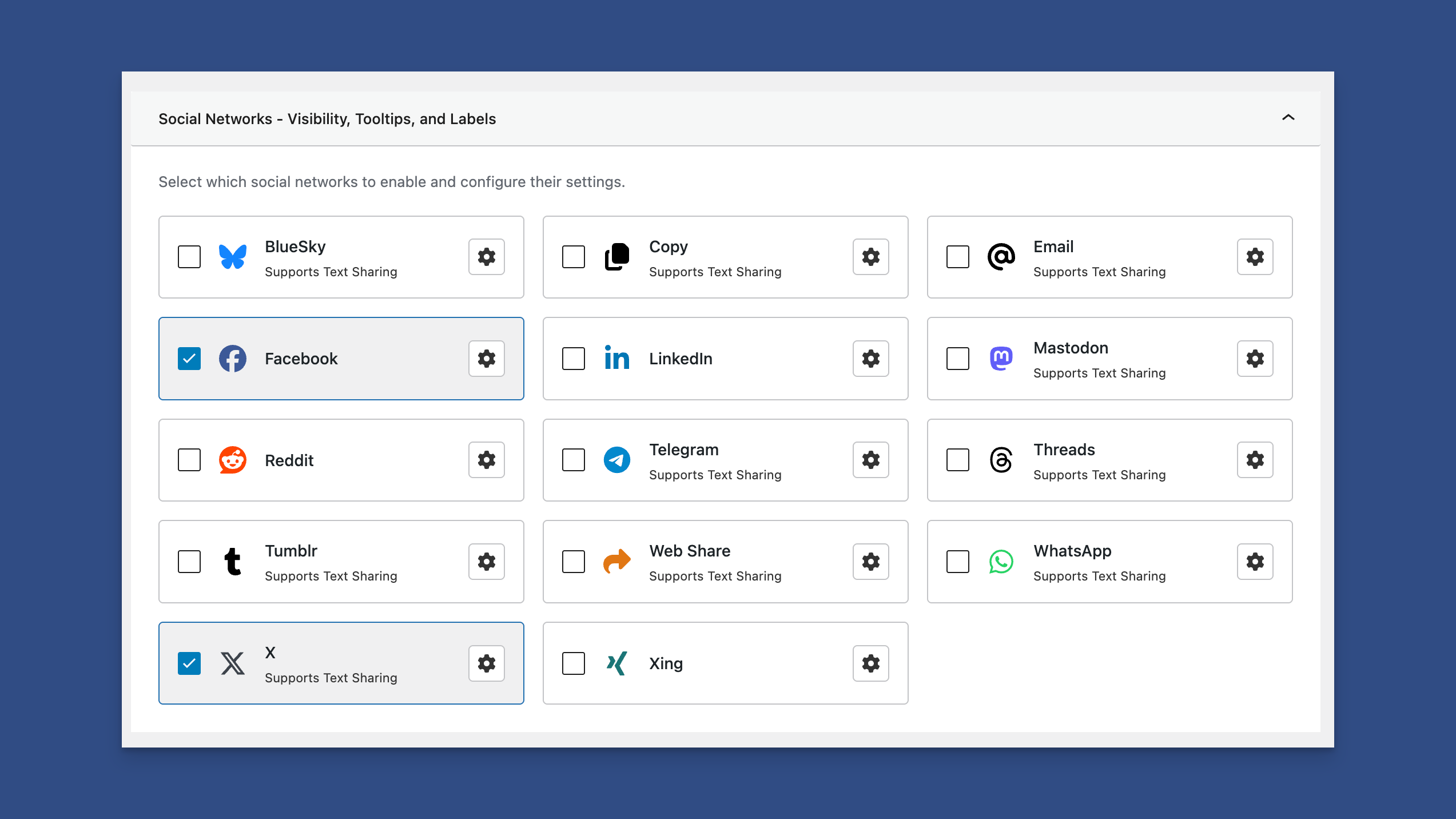 Social Networks Panel Where You Can Enable or Disable Networks