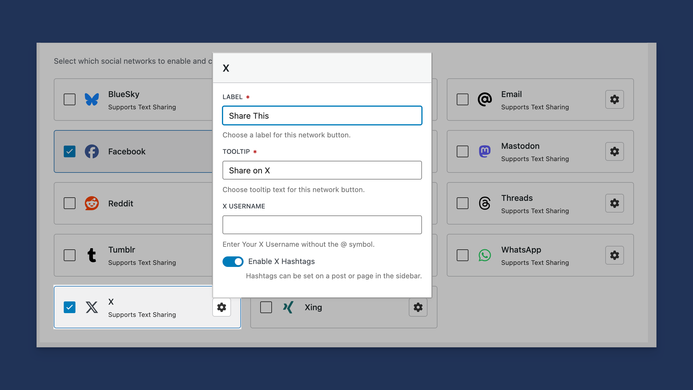 X Settings Allow For a Default Username and Hashtags