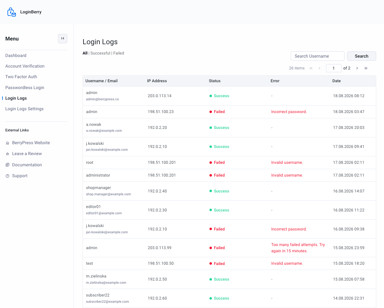 Login Logs list with search and filters