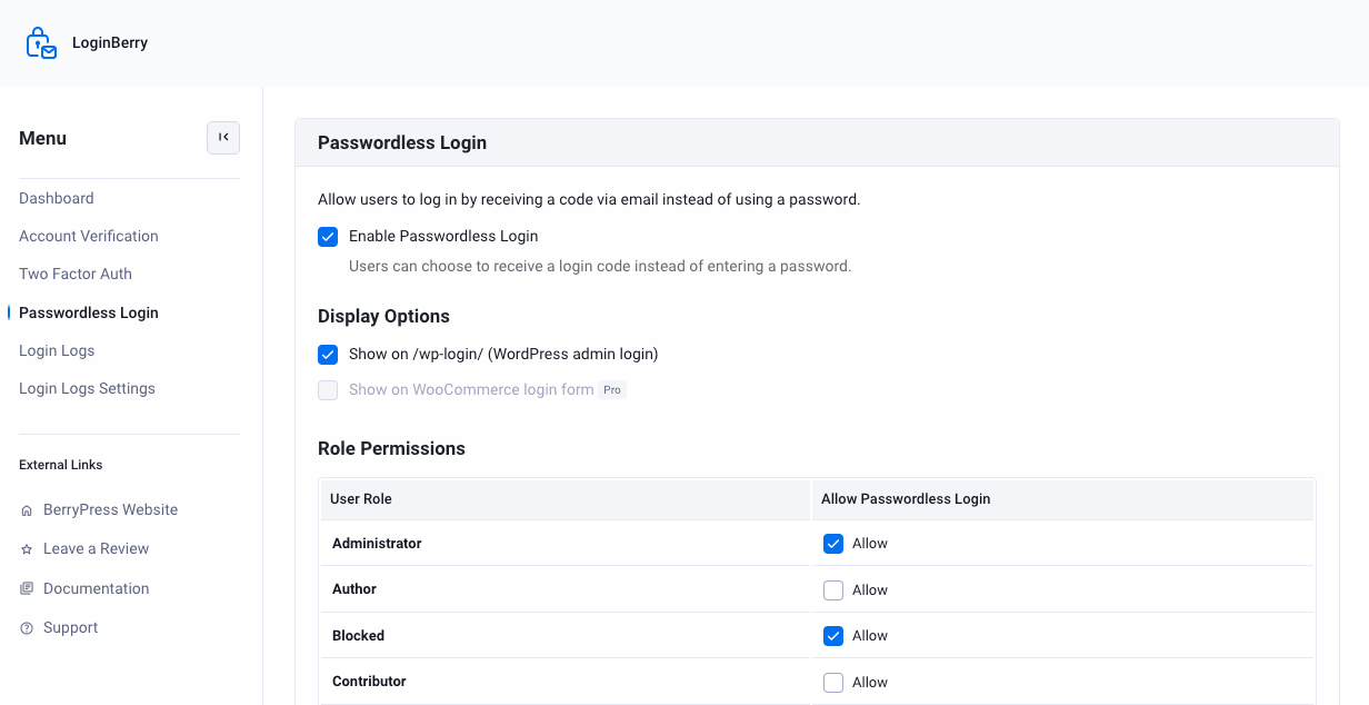 Passwordless Login settings screen