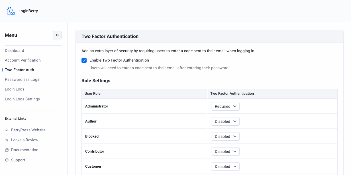Two Factor Authentication settings screen