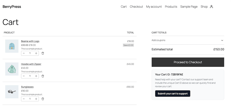 The shortcode in a custom section on the cart page