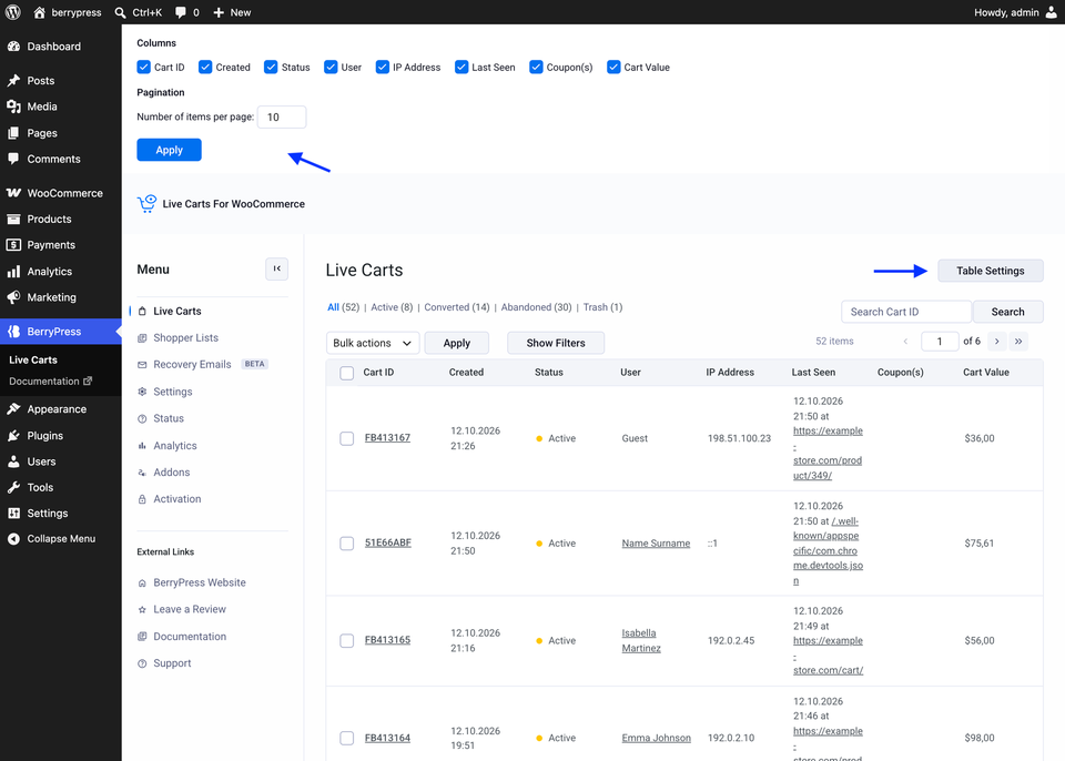 Table Settings: choose the columns and how many carts are shown per page