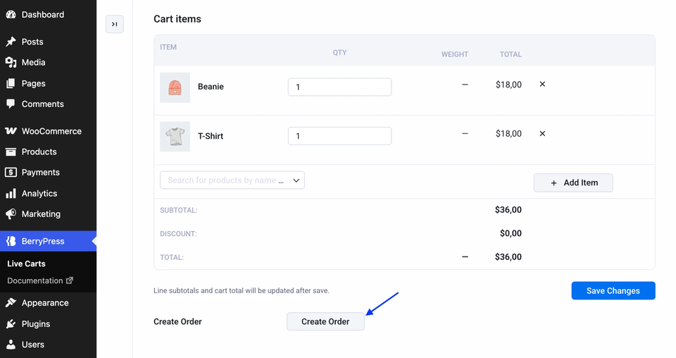 The Create Order button on a cart