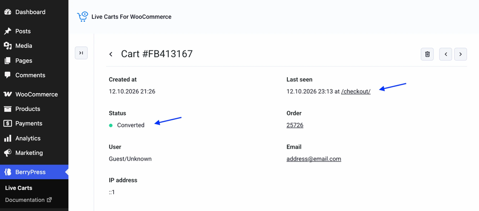 The cart afterwards: status Converted, with a link to the order