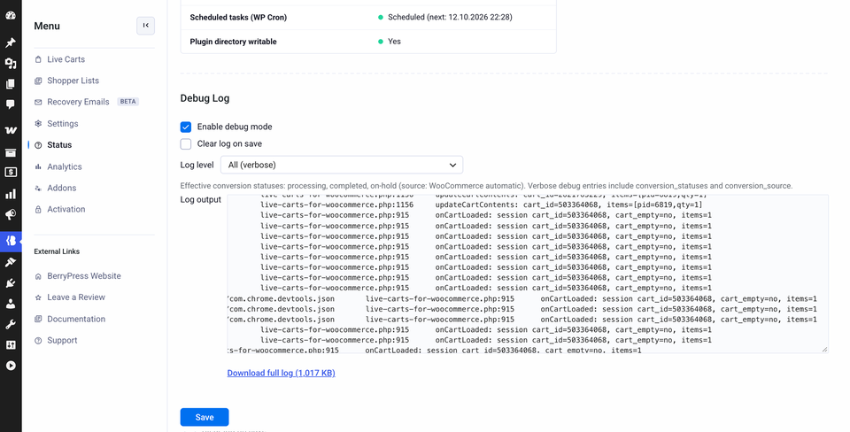 The debug log settings and log output