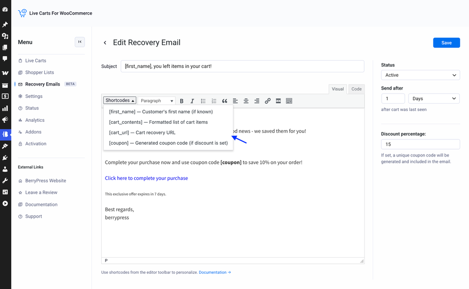 Inserting a shortcode from the editor toolbar
