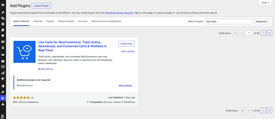 Finding Live Carts in Plugins → Add New Plugin