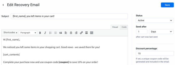 Setting a discount on a recovery email