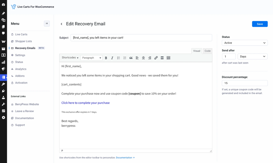 The recovery email editor