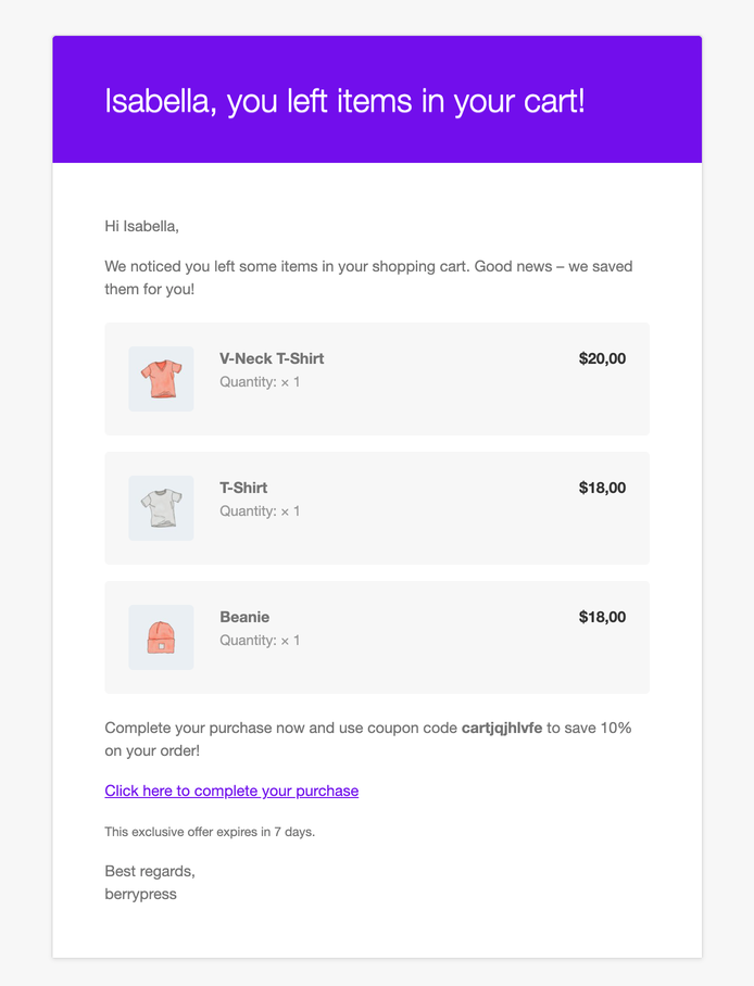 A recovery email as the shopper sees it