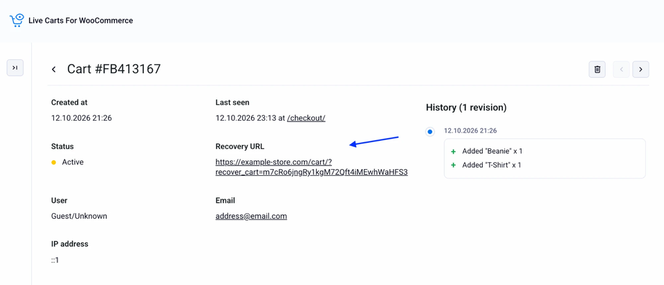 The Recovery URL on the cart detail page