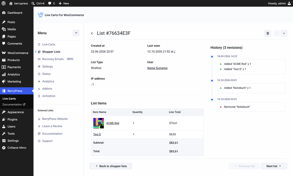 A single shopper list: its items and history