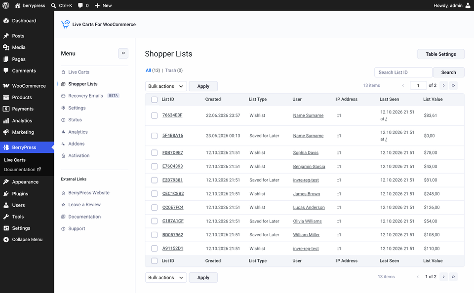 The Shopper Lists screen