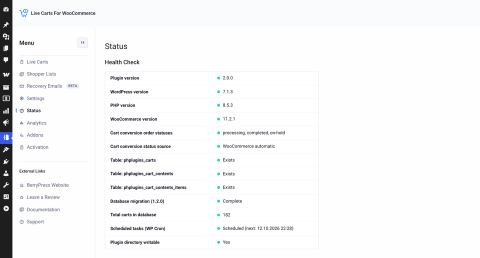 The Status page