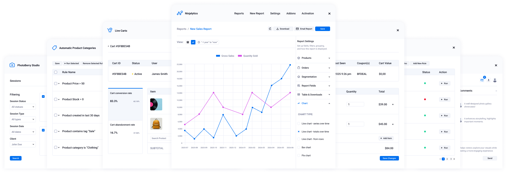 BerryPress plugin interfaces: Ninjalytics reports, Live Carts and Automatic Product Categories