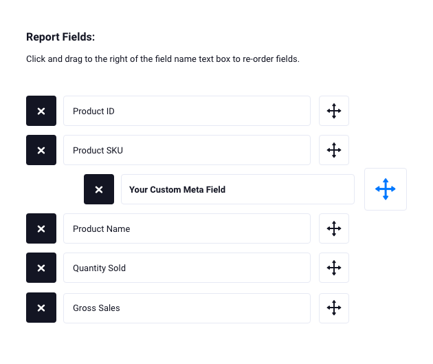 The report fields list in Ninjalytics, with a field being draggged to a new position