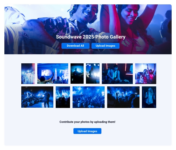 PhotoBerry Studio guest photo upload interface allowing visitors to contribute images to galleries