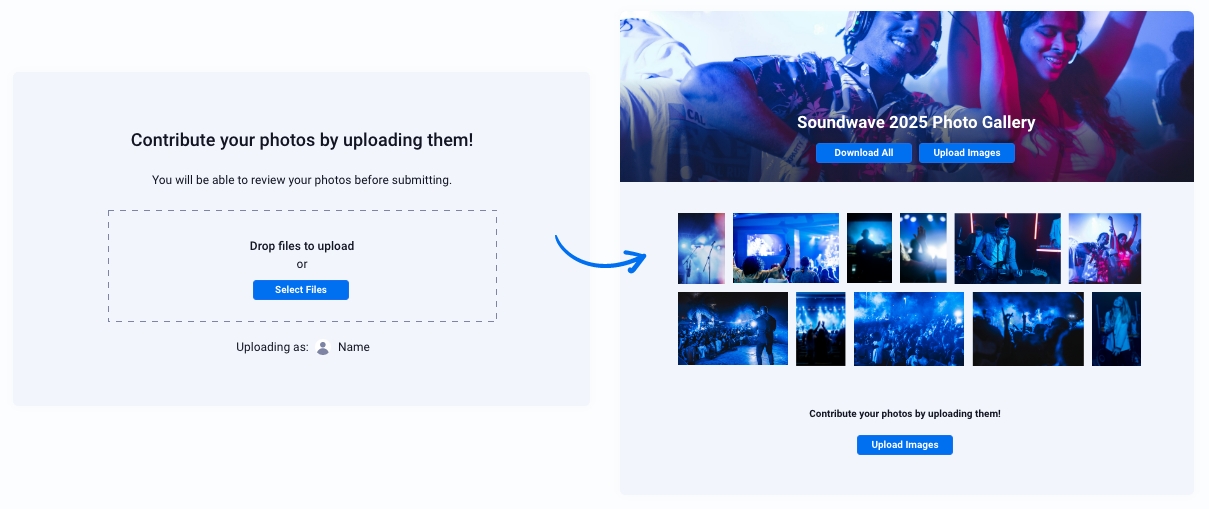 PhotoBerry Studio guest photo upload interface allowing visitors to contribute images to galleries