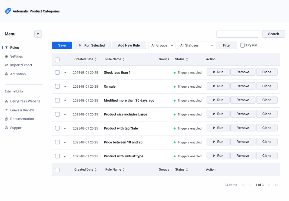 Preview of rule setup interface in Automatic Product Categories for WooCommerce plugin showing category automation rules.