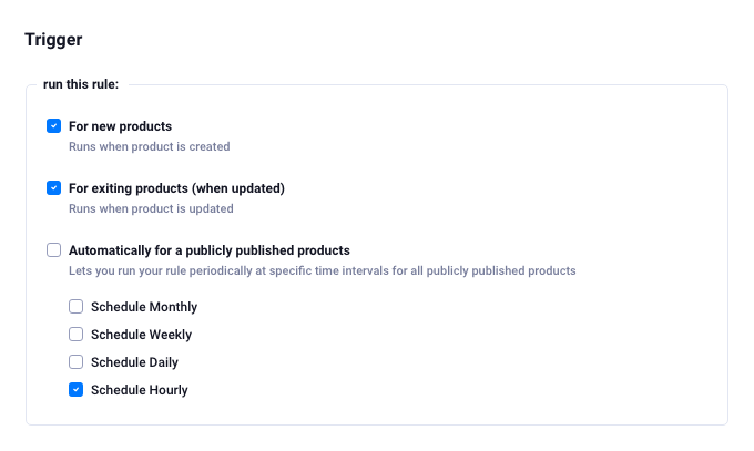 Interface of the Automatic Product Categories plugin displaying trigger options for running rules automatically on schedule, for newly created products, and when product is updated.