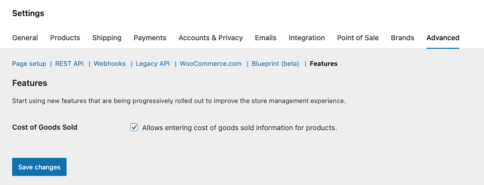 WooCommerce settings screen showing the Cost of Goods Sold setting