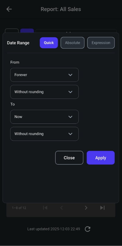Ninjalytics app date range picker showing Quick, Absolute, and Expression modes