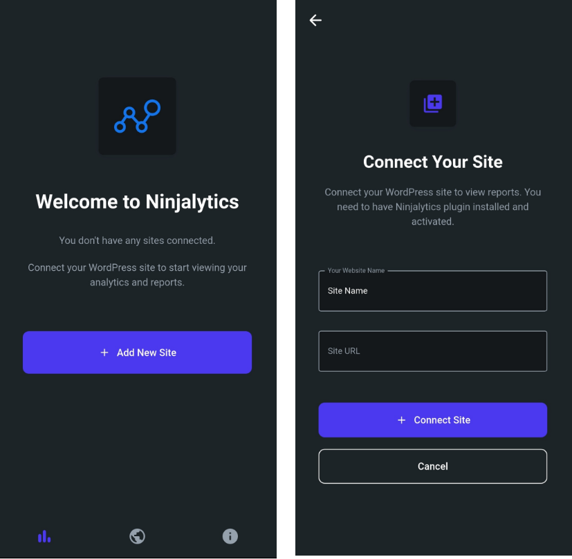 Add site screen in Ninjalytics app with site name and URL fields