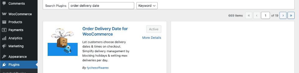 Screenshot of the Add Plugins screen in the WordPress admin while searching for the Order Delivery Date for WooCommerce plugin