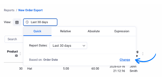 Screenshot of the report date dropdown in Ninjalytics with an arrow pointing to the "Change" link next to "Based on: Order Date"