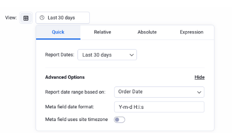 Screenshot of the report date range basis settings in Ninjalytics